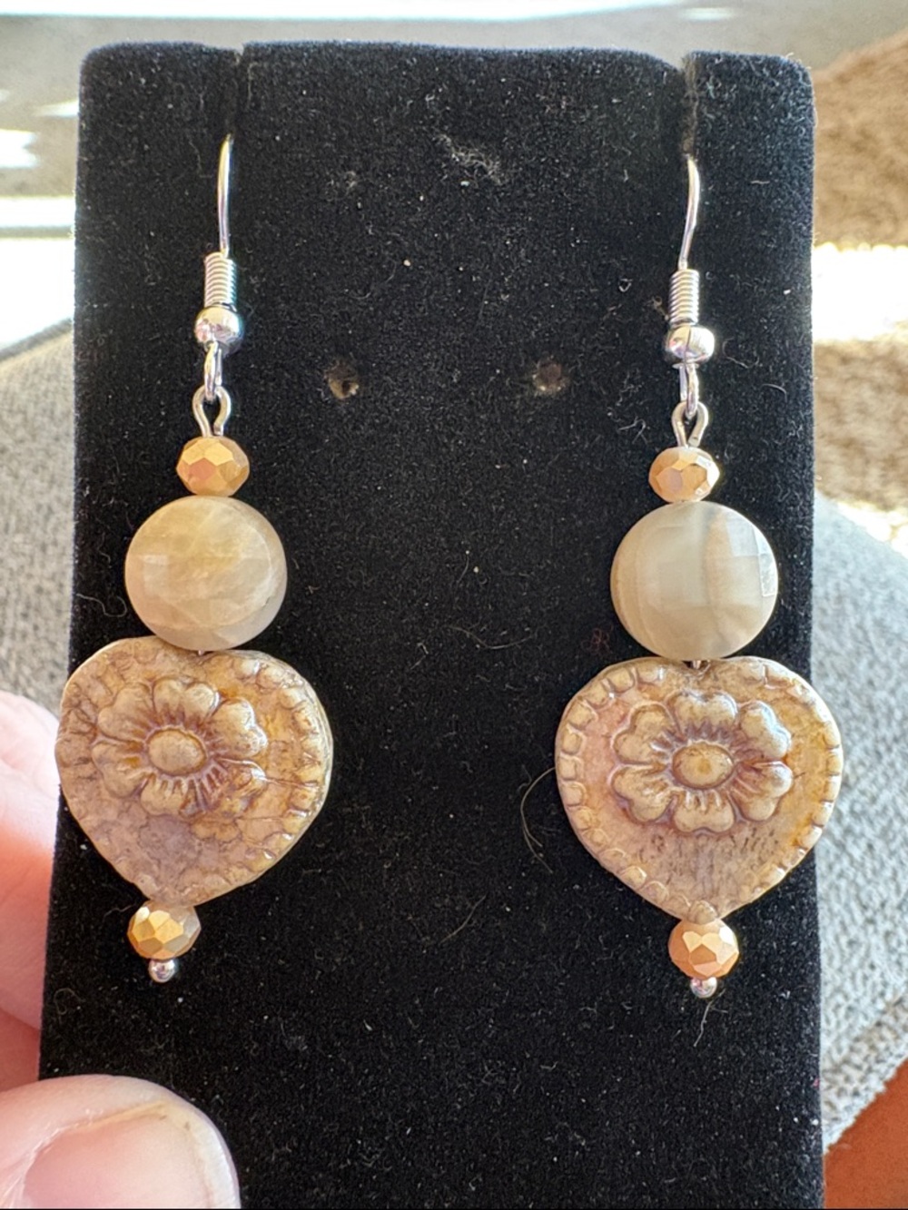 Hand Crafted Beige Stone Heart Floral Drop Earrings
